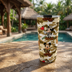Jungle Camo Mickey tumbler beside a safari-inspired resort pool