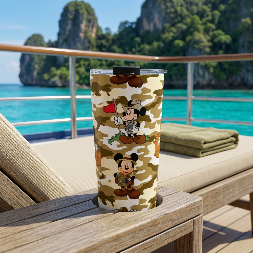 Jungle Camo Mickey tumbler on a cruise lounger overlooking tropical cliffs