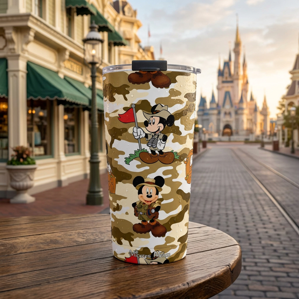 Jungle Camo Mickey tumbler outside a Victorian cafe with green awnings