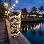 Jungle Camo Mickey tumbler overlooking a lantern-lit waterfront lodge