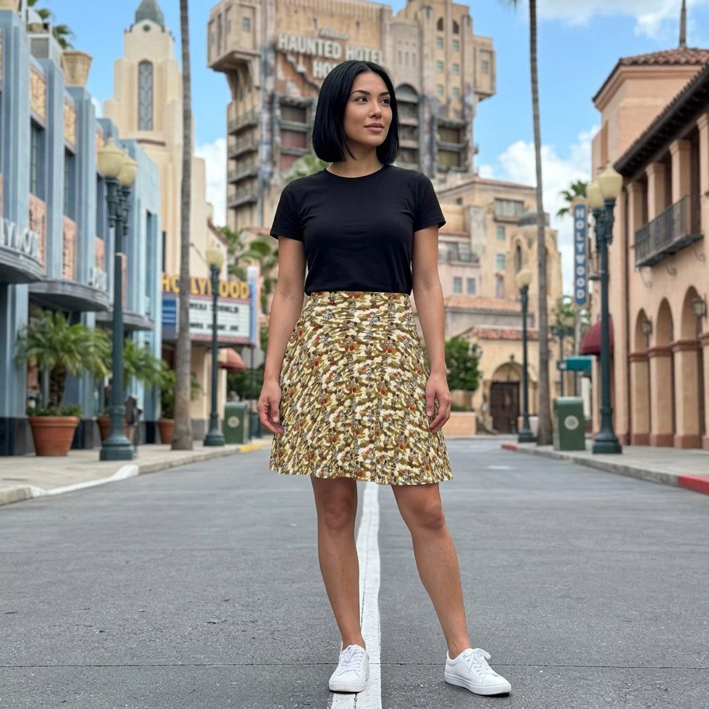 Jungle camo skirt on movie-studio boulevard