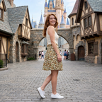 Jungle camo skirt walking through storybook village