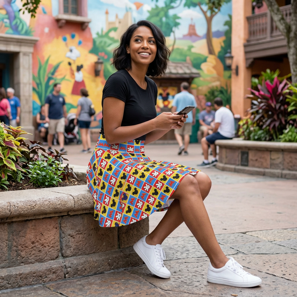 Mickey Hands skirt in colorful mural courtyard