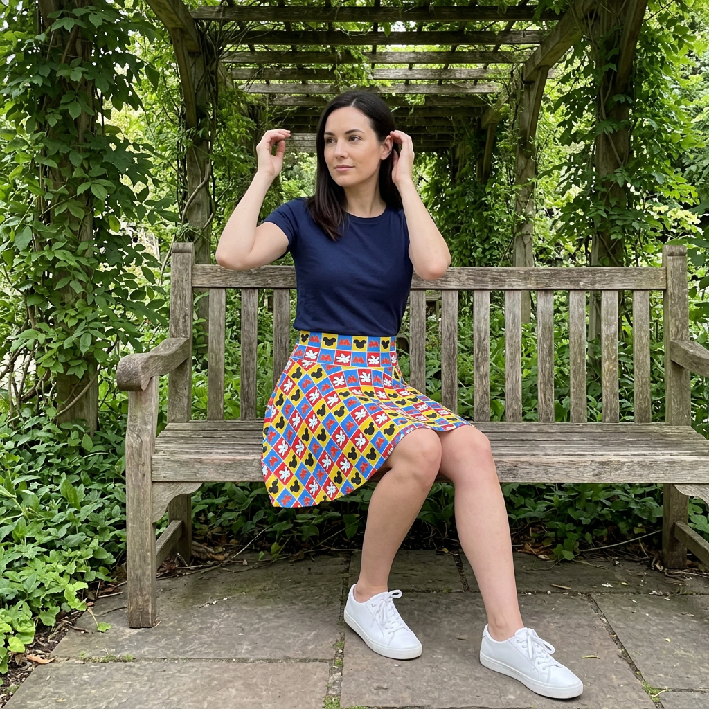 Mickey Hands skirt in garden pergola