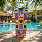 Mickey Hands tumbler beside a tropical resort pool