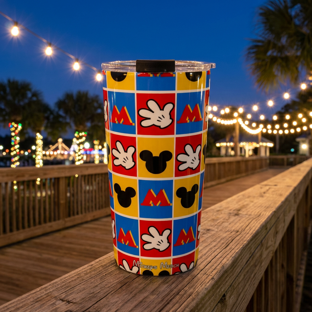 Mickey Hands tumbler on an evening boardwalk under string lights
