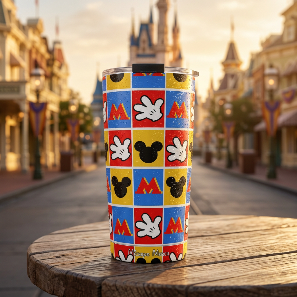 Mickey Hands tumbler on Main Street at morning golden hour