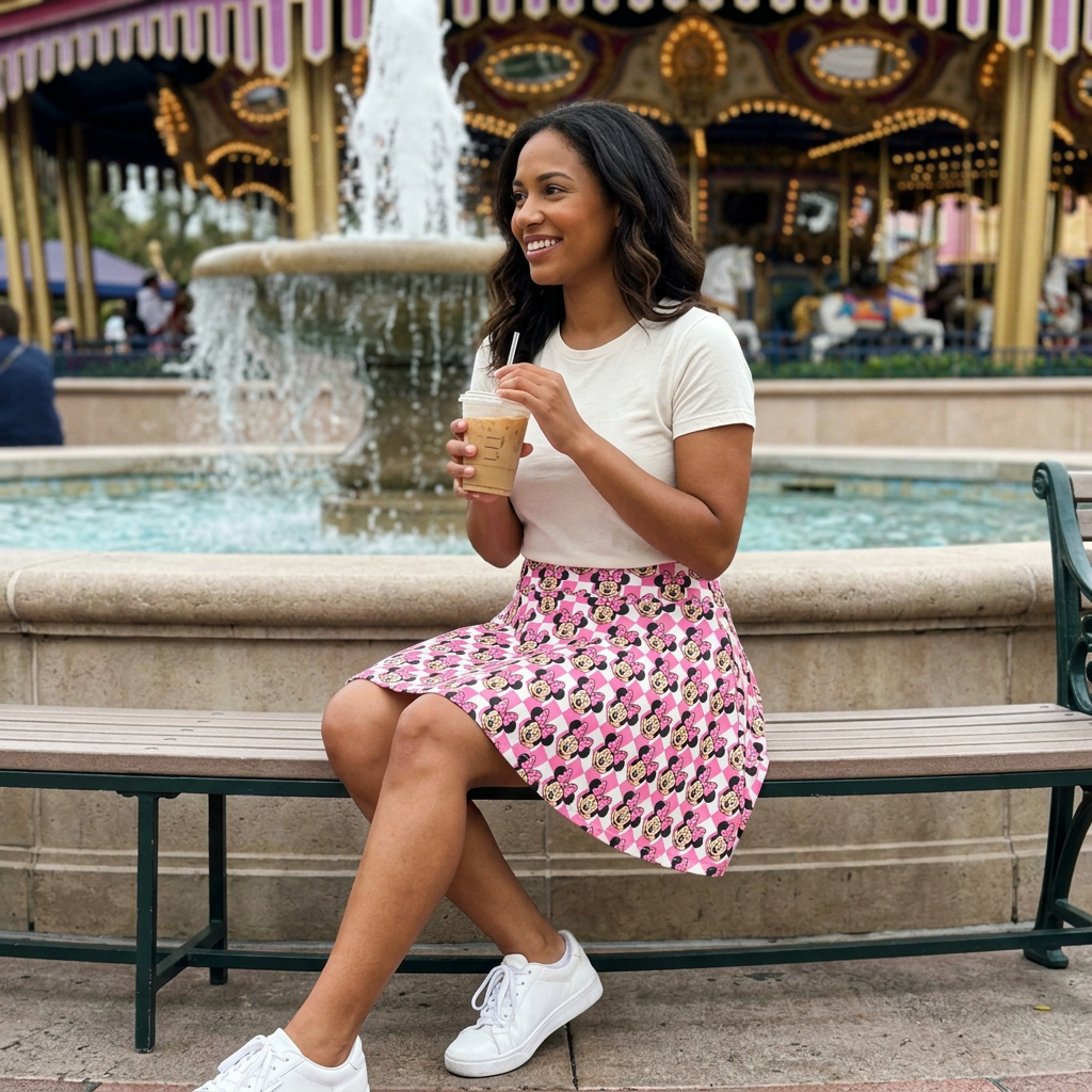 Minnie skirt at theme park fountain plaza