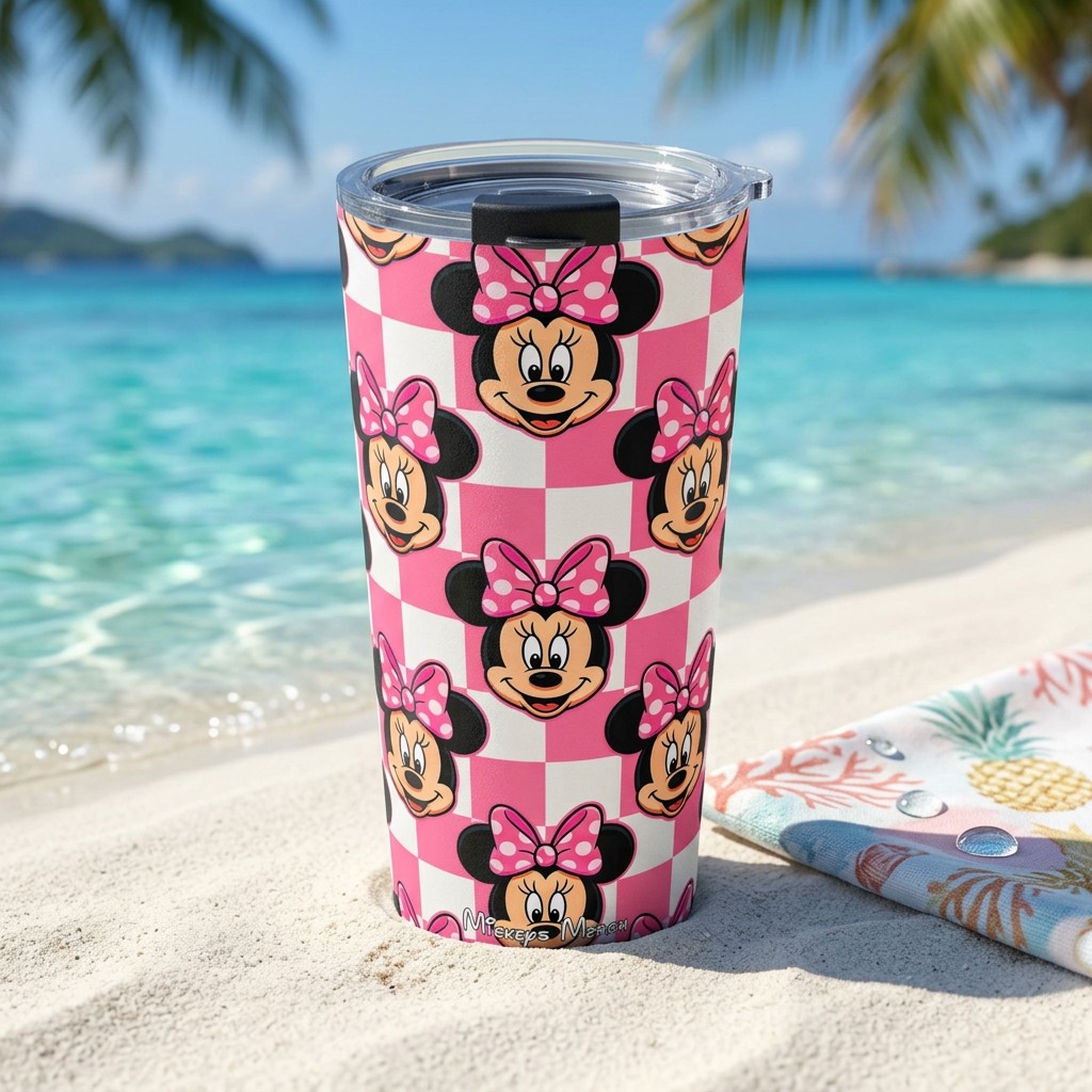 Minnie tumbler on a white sand tropical beach