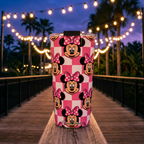 Minnie tumbler on an evening boardwalk under string lights