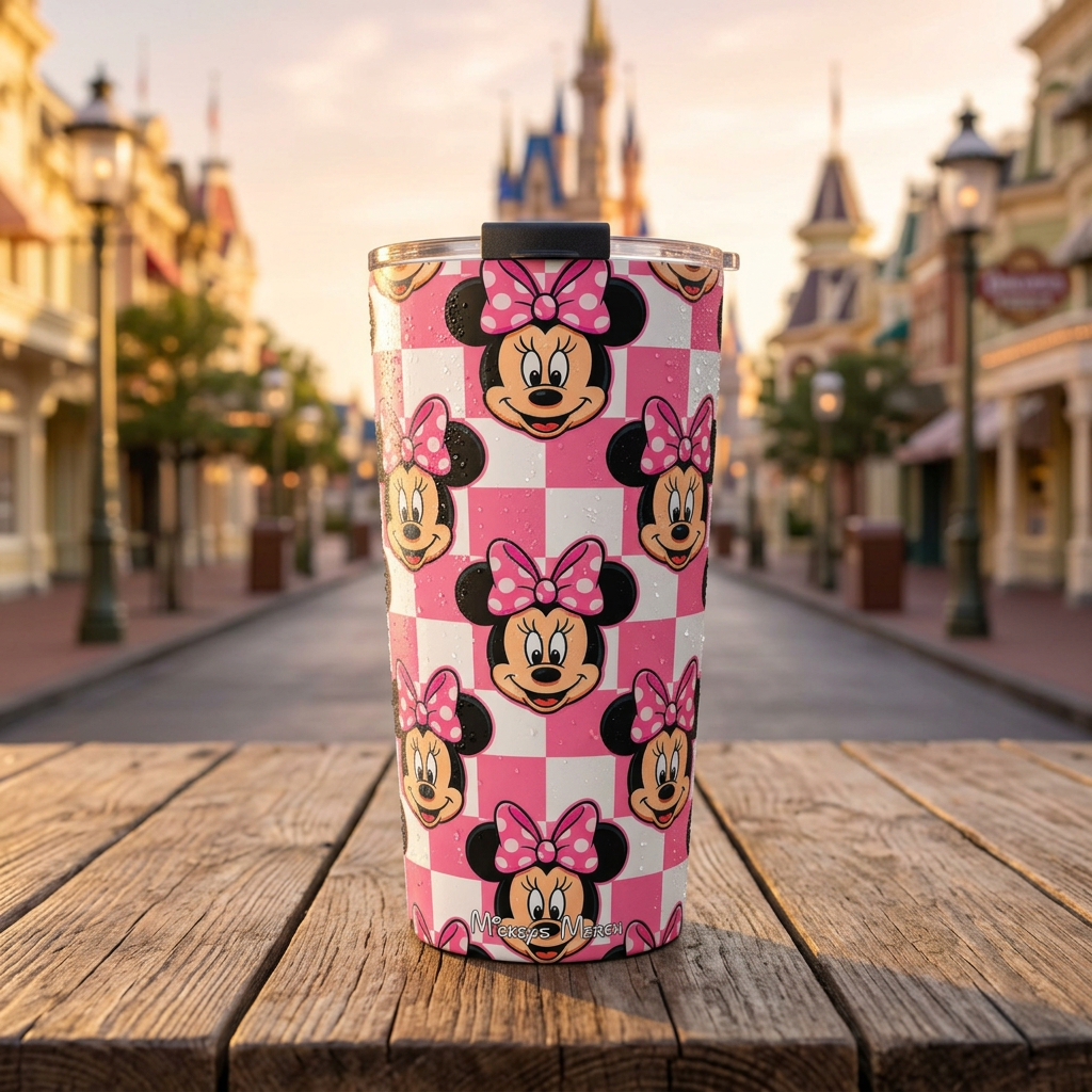 Minnie tumbler on Main Street at morning golden hour