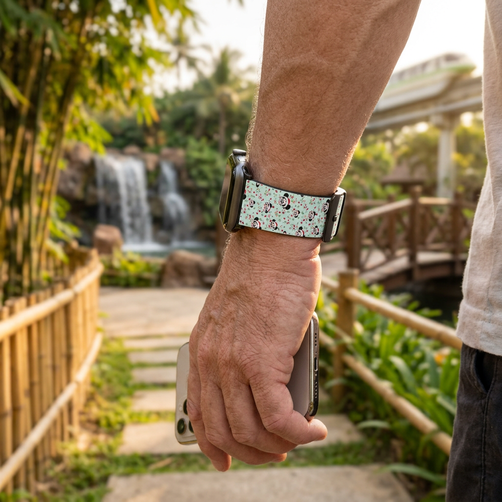 Mint festive watchband along a waterfall resort path