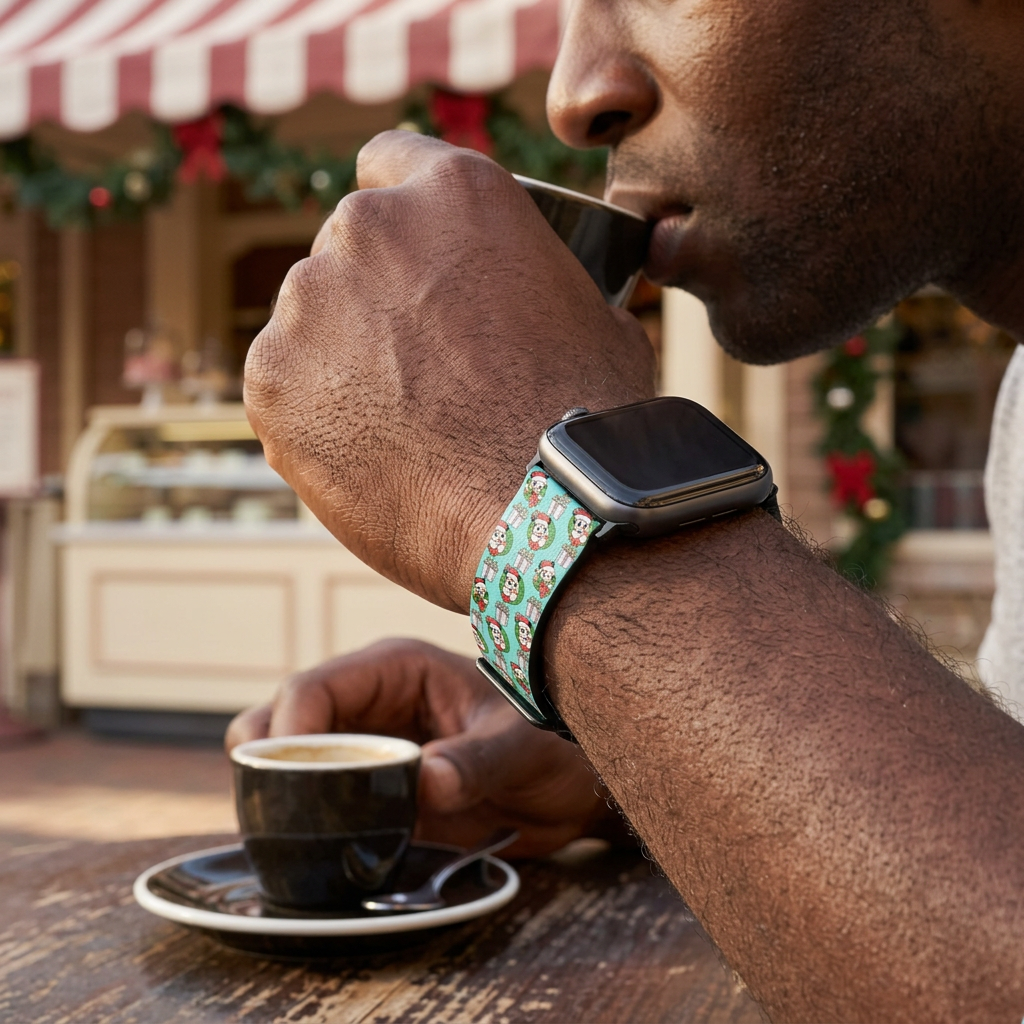 Mint festive watchband at a retro café