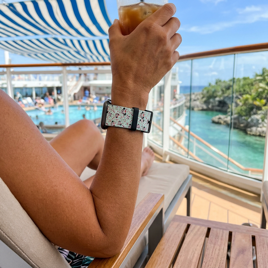 Mint festive watchband beside a cruise pool