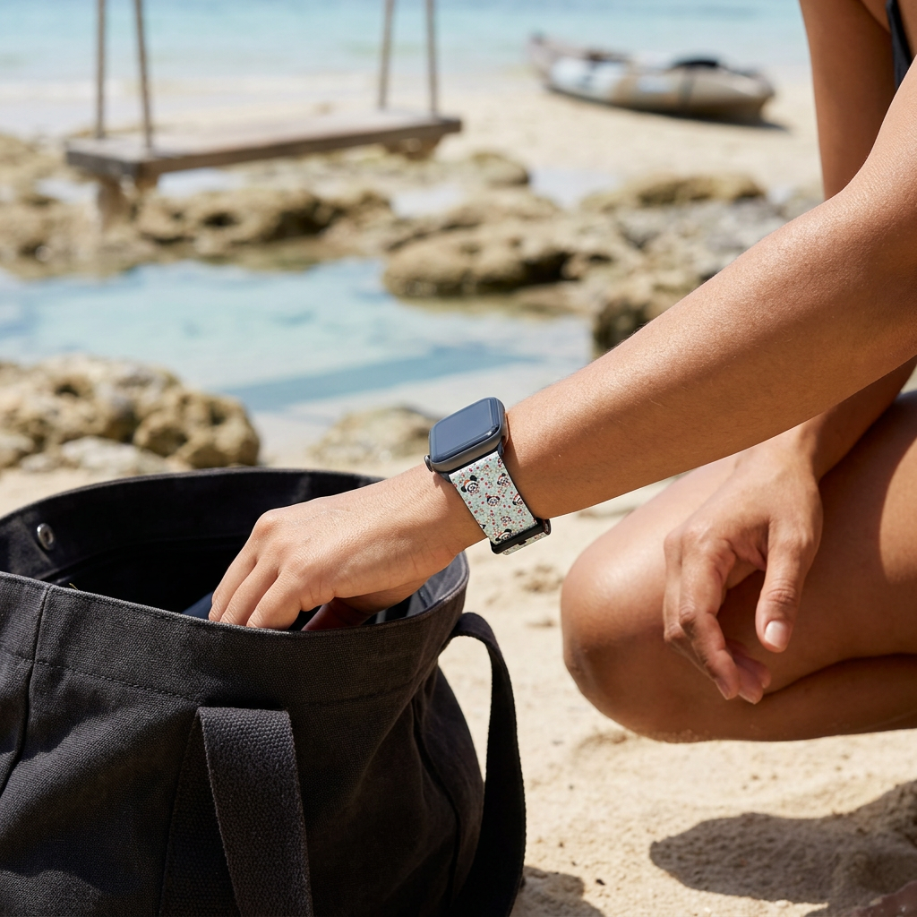 Mint festive watchband beside tropical tide pools