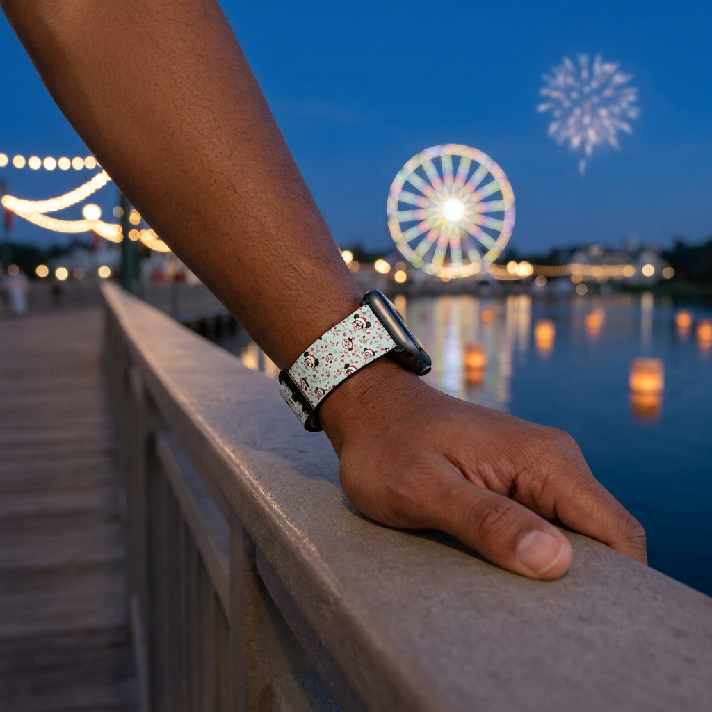 Mint festive watchband with waterfront wheel and fireworks