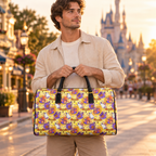 Model-led hero with centered yellow Figment travel bag