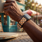 Orange checkerboard watchband at a retro café