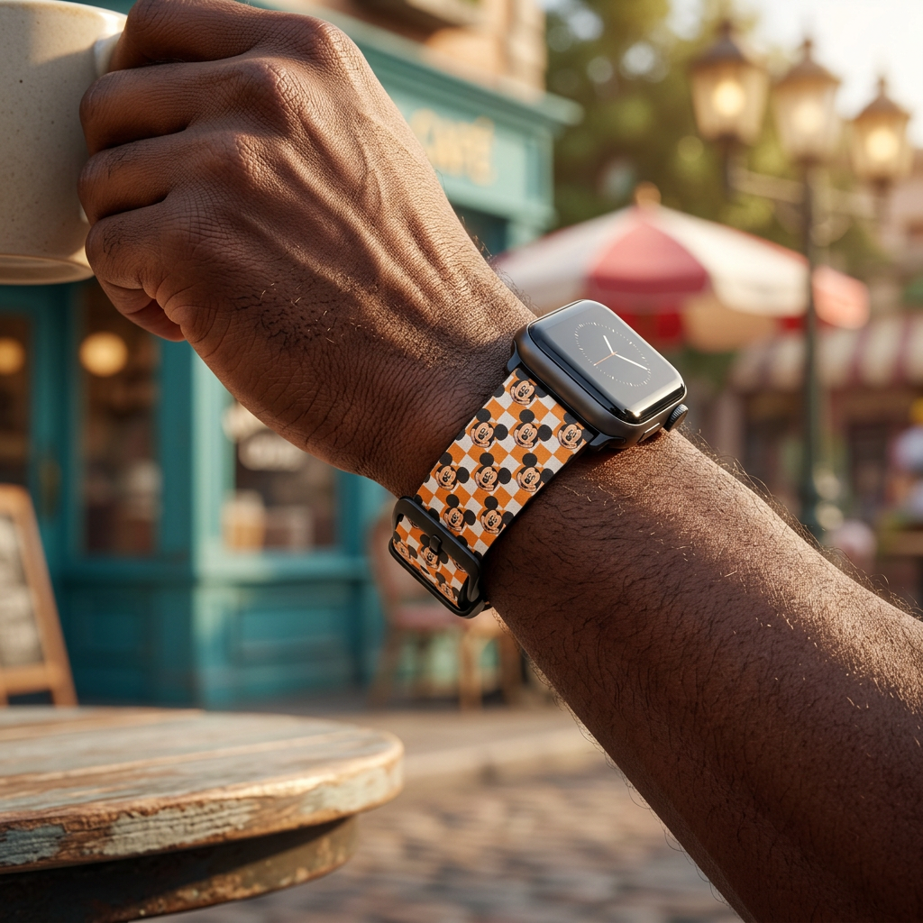 Orange checkerboard watchband at a retro café