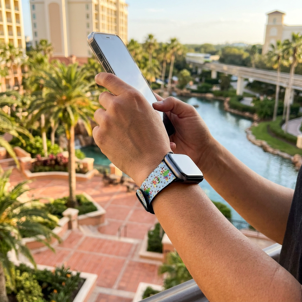 Pale blue festive watchband at a resort garden overlook