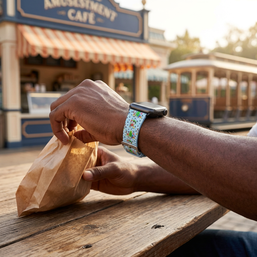 Pale blue festive watchband at a retro café