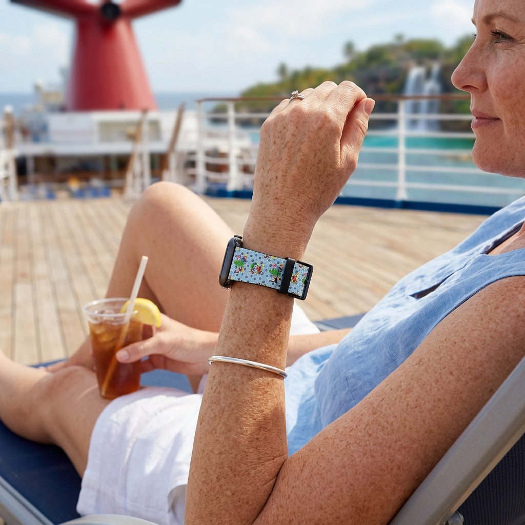 Pale blue festive watchband on a cruise lounger
