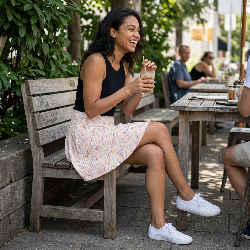 Pink autograph skirt seated at shaded cafe
