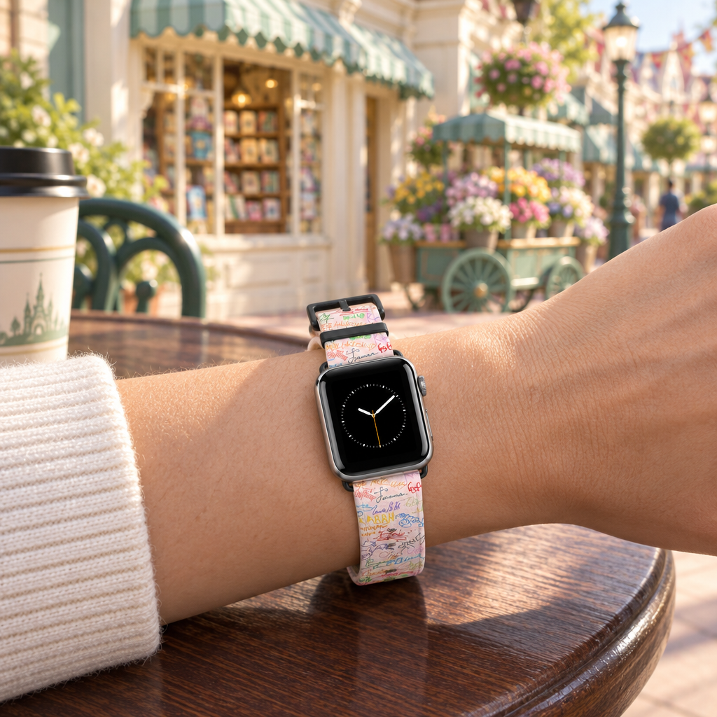 Pink autograph watchband at a Main Street bookshop café