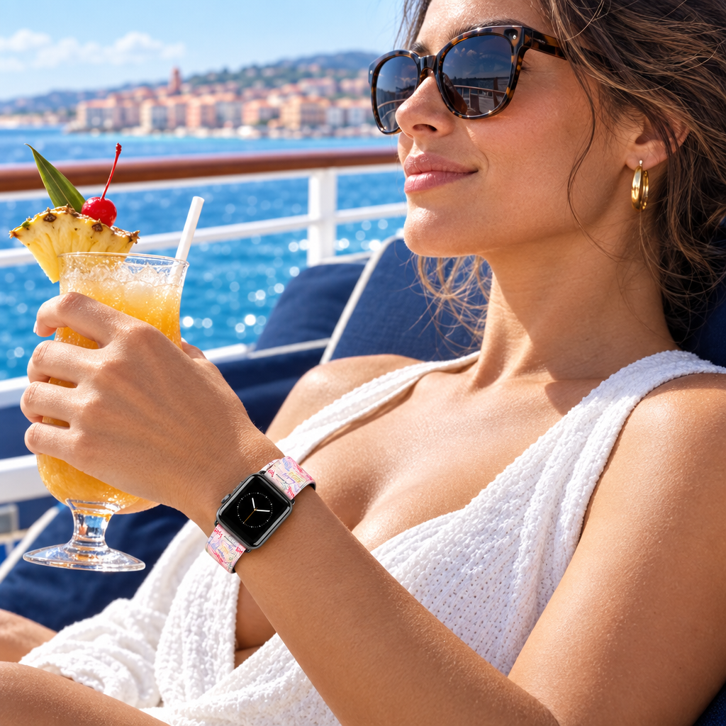Pink autograph watchband on a cruise balcony