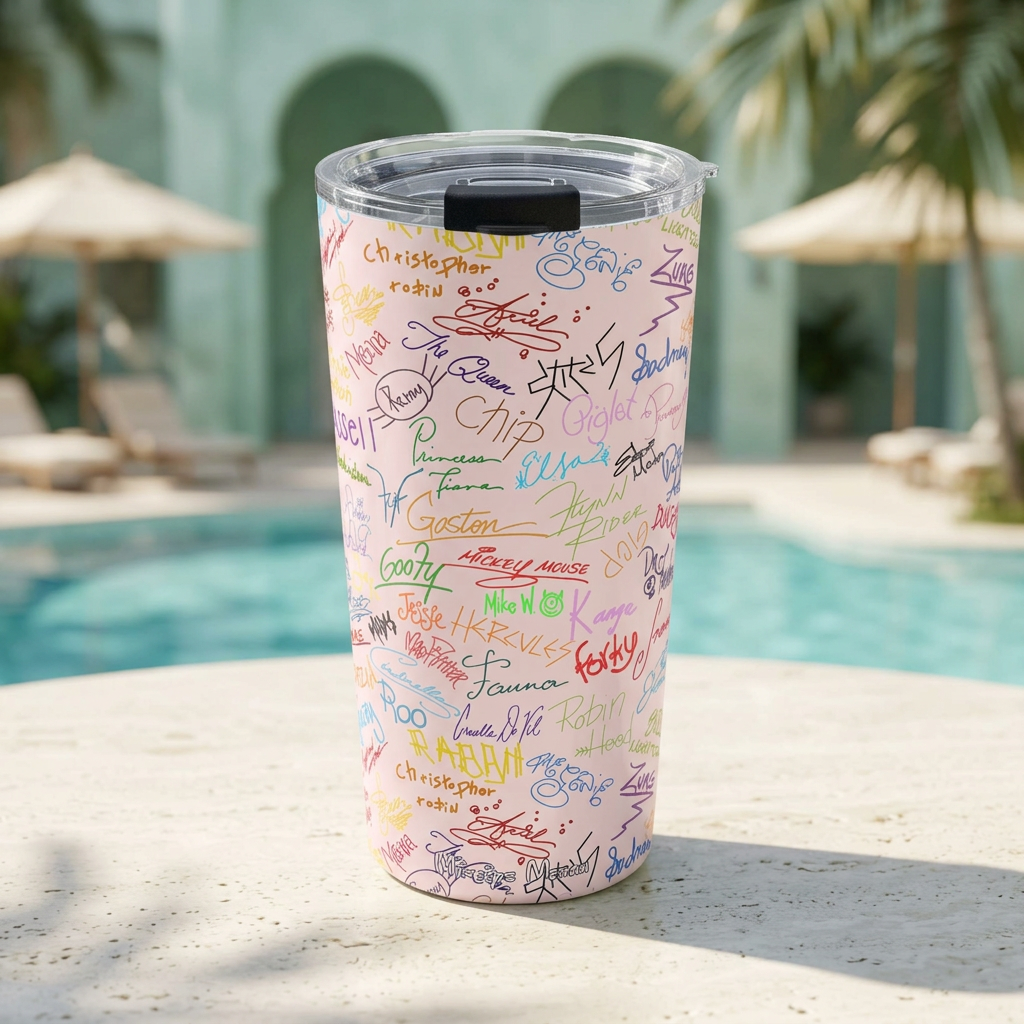 Pink Autographs tumbler beside a mint-arched tropical resort pool