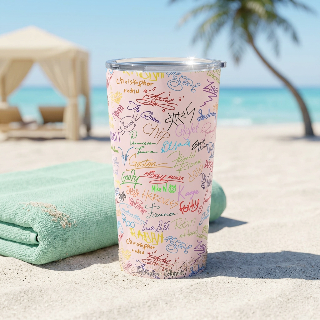 Pink Autographs tumbler beside a mint towel on a tropical beach