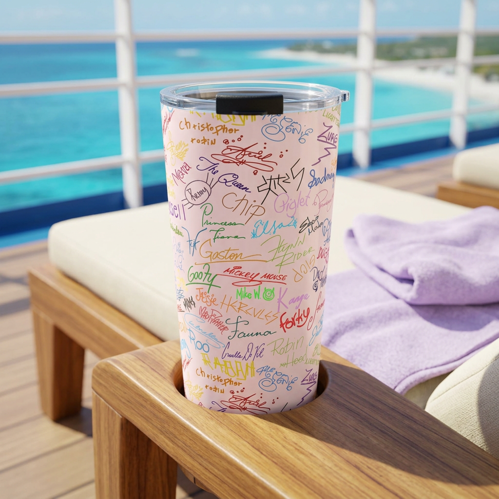 Pink Autographs tumbler on a cruise lounger overlooking a sandy coast