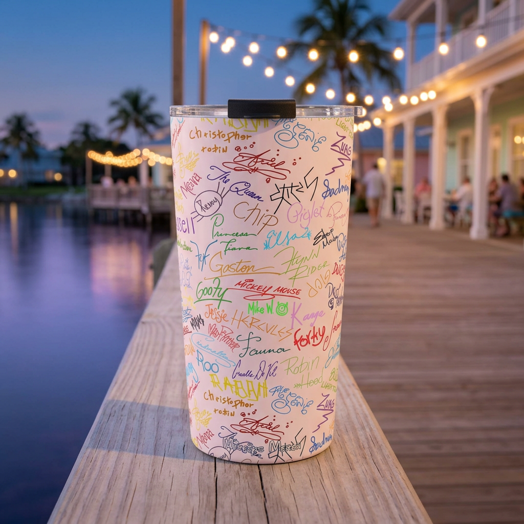 Pink Autographs tumbler overlooking glowing seaside hotel verandas