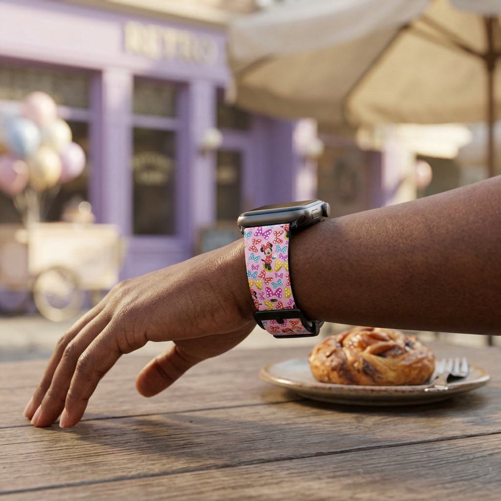 Pink bow-pattern watchband at a retro café