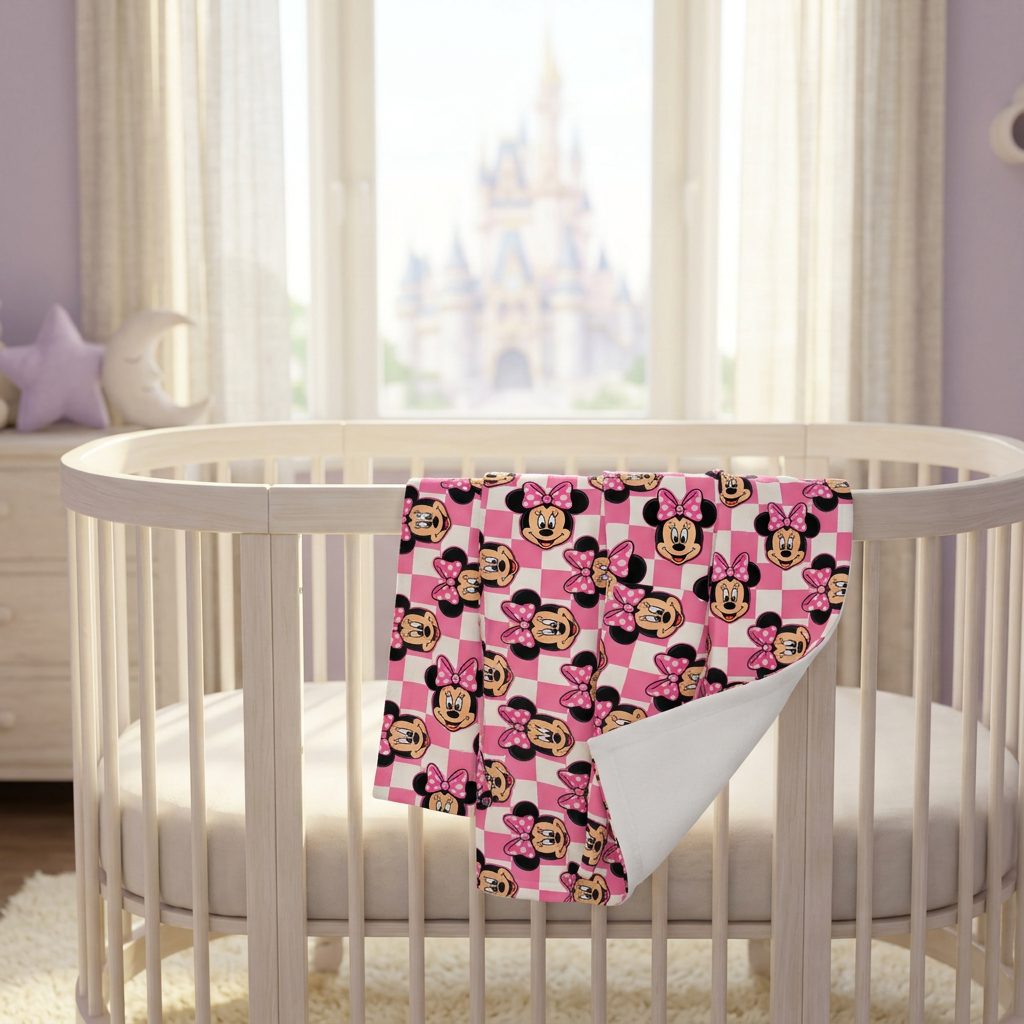Pink Checkerboard Minnie blanket in a lavender nursery