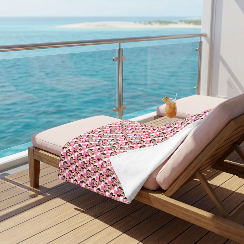 Pink Checkerboard Minnie blanket on a cruise balcony lounge chair
