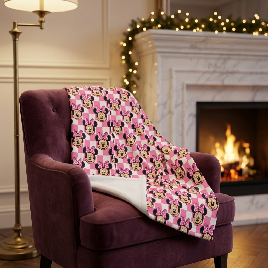 Pink Checkerboard Minnie blanket on a plum velvet fireside chair