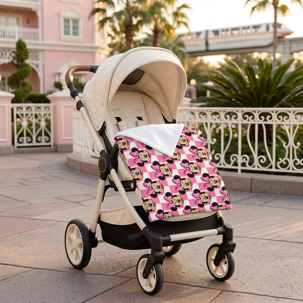 Pink Checkerboard Minnie blanket on a stroller in a pastel park garden