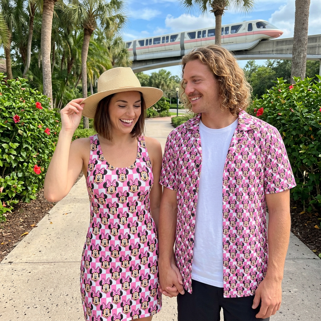 Pink Checkerboard Minnie couple on resort pathway