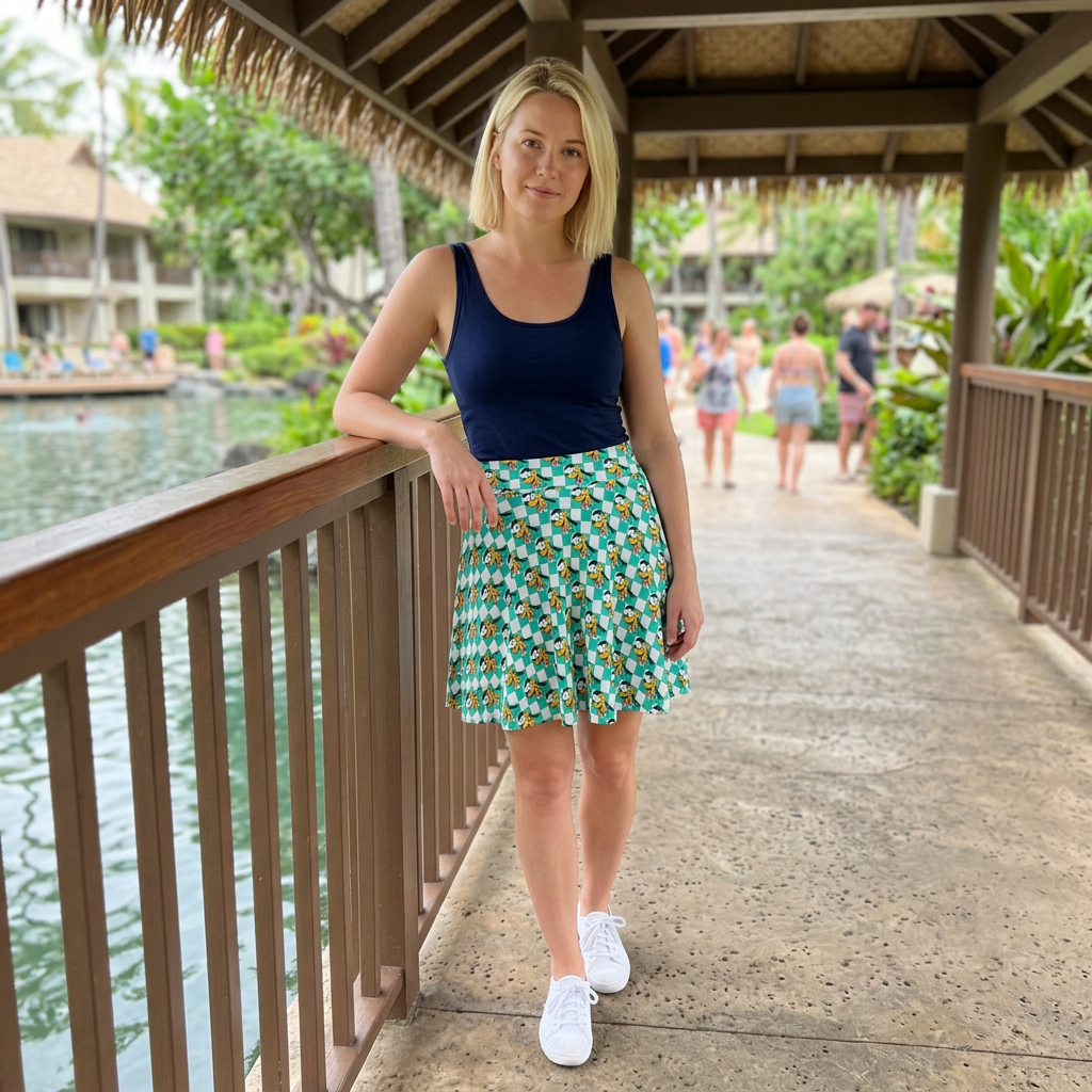 Pluto skirt on resort lagoon bridge