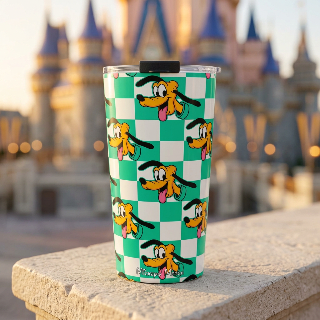 Pluto tumbler in a golden-hour park setting
