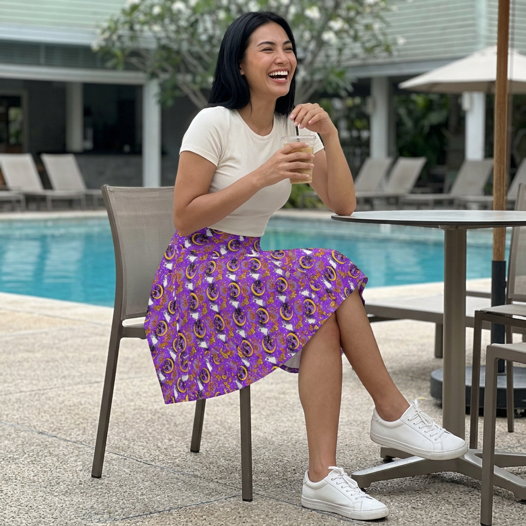 Purple Figment skirt at poolside cafe