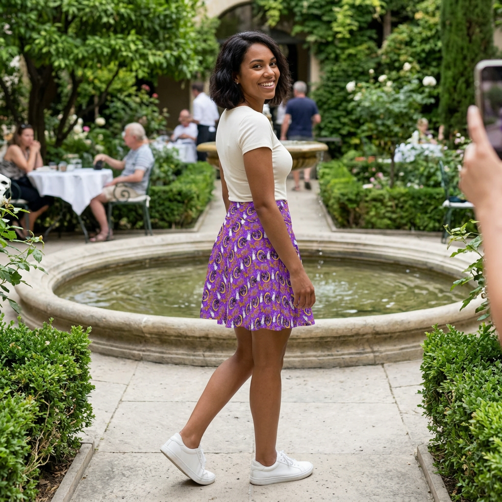 Purple Figment skirt in park courtyard