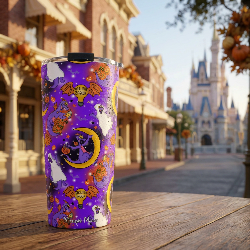 Purple Figment tumbler beside a Victorian arcade at golden hour