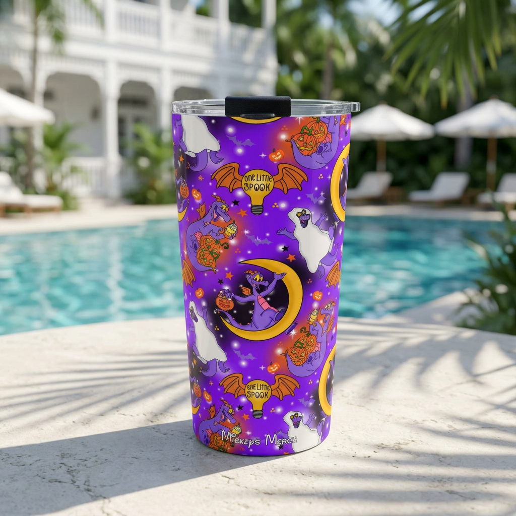 Purple Figment tumbler beside a Victorian tropical resort pool