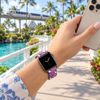 Purple Figment watchband along a resort lagoon pathway