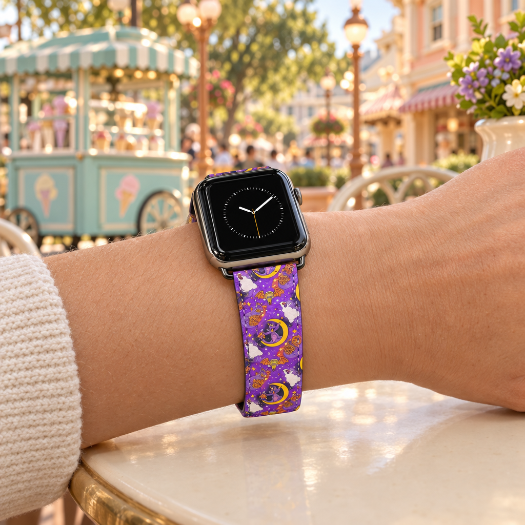 Purple Figment watchband at a Main Street café