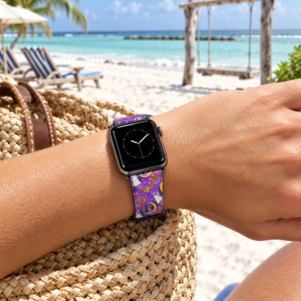 Purple Figment watchband at a tropical beach