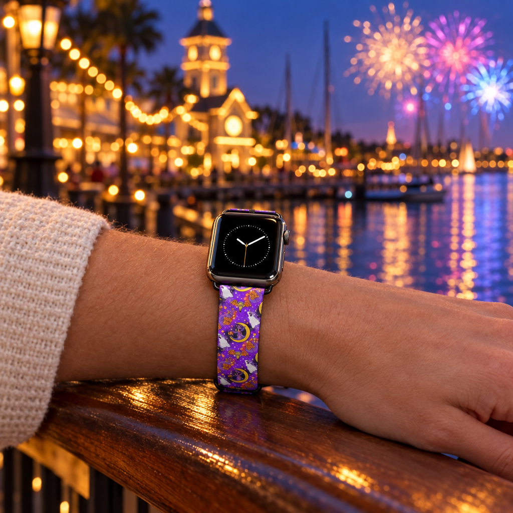 Purple Figment watchband beside an illuminated waterfront clock tower