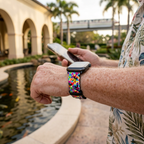 Rainbow-pattern watchband along a resort pathway